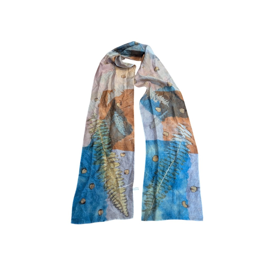 Silk Botanical Fern Scarf Blue Brown Eco Art Nature Print Lightweight 6"β x 69"